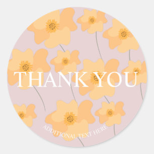 Yellow Poppy Floral Hand Drawn Thank You Pink Classic Round Sticker