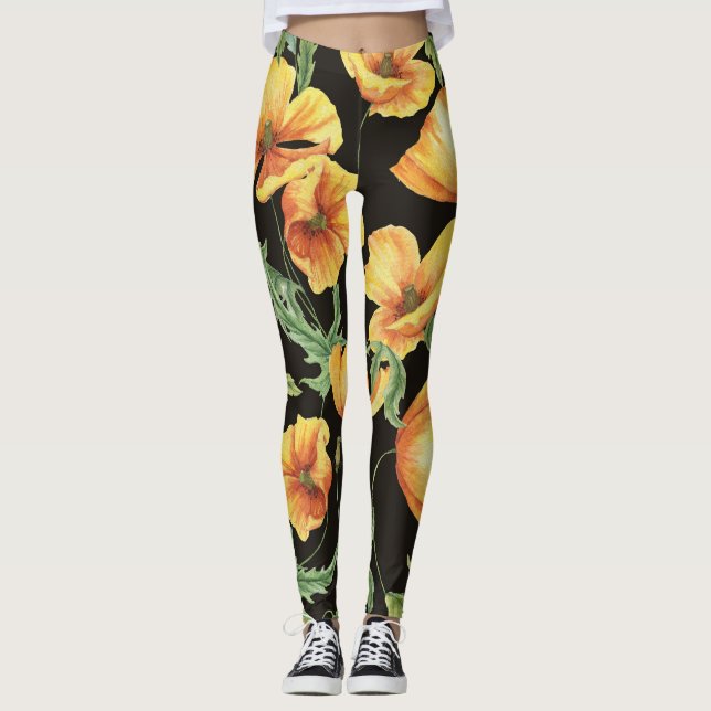 Yellow Poppy Watercolor Floral Pattern Leggings (Front)