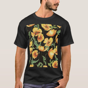 Yellow Poppy Watercolor Floral Pattern T-Shirt