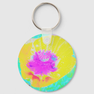 Yellow Poppy with Hot Pink Center on Turquoise Key Ring