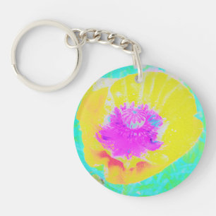 Yellow Poppy with Hot Pink Centre on Turquoise Key Ring