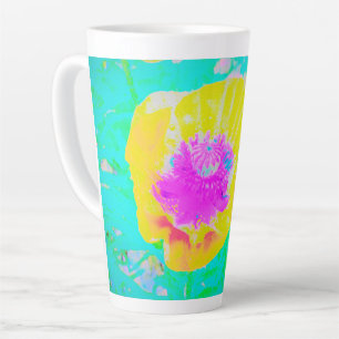 Yellow Poppy with Hot Pink Centre on Turquoise Latte Mug