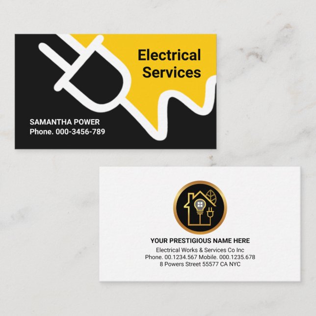 Yellow Power Plug Electrician Service Business Card (Front/Back)