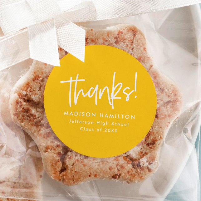 Yellow | Preppy Script Graduation Thank You Classic Round Sticker (Creator Uploaded)