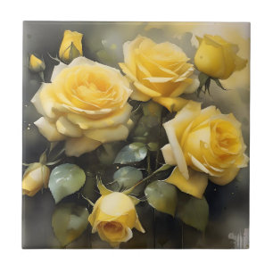 Yellow pretty roses garden watercolor painting ceramic tile
