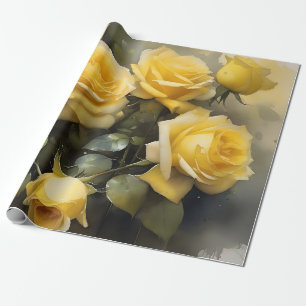 Yellow pretty roses garden watercolor painting wrapping paper
