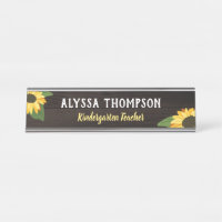Yellow Pretty Sunflowers Rustic Wood Name Teacher