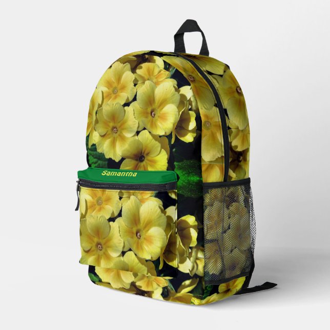 Yellow Primrose Flowers Personalised Printed Backpack (Back Corner Right)