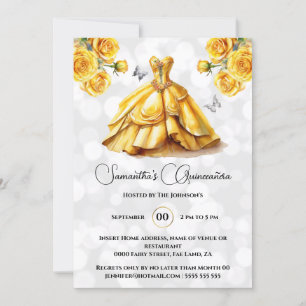 Yellow princess Quinceañera fantasy ballgown roses Invitation
