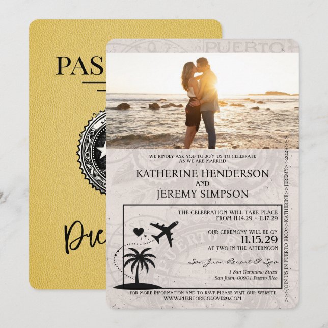 Yellow Puerto Rico Passport Wedding Invitation (Front/Back)