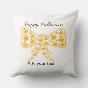 Yellow pumpkin bow happy Halloween add name text Cushion