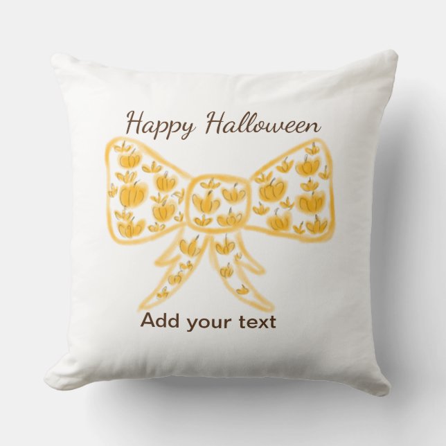 Yellow pumpkin bow happy Halloween add name text Cushion (Front)