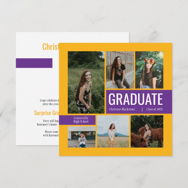 Yellow & Purple 6 Photo Graduation Invitation (Front/Back)