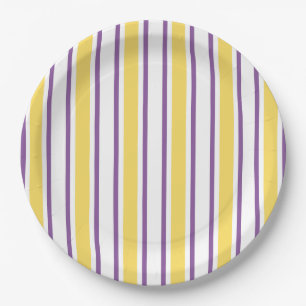 Yellow, purple and white candy stripes paper plate