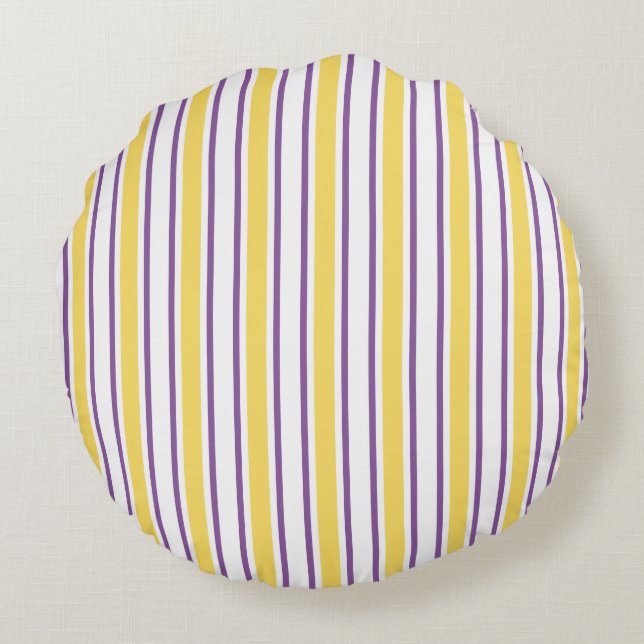 Yellow, purple and white candy stripes round cushion (Back)