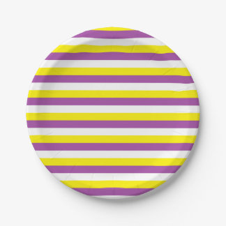 Yellow, Purple and White Stripes Paper Plate