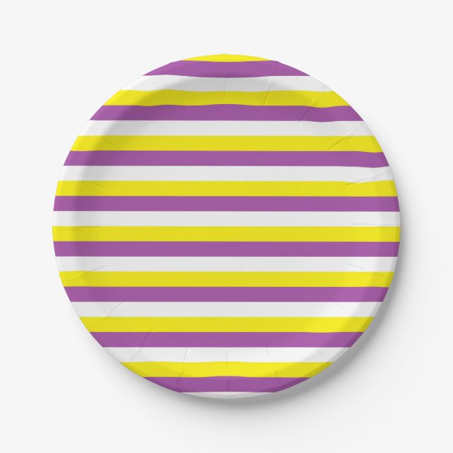 Yellow, Purple and White Stripes Paper Plate (Front)