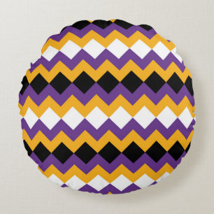 Yellow, Purple, Black and White Zigzag Chevron Round Cushion