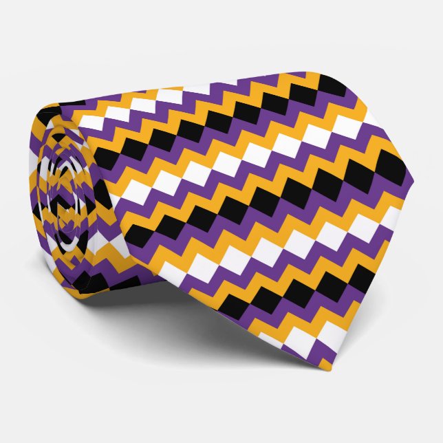 Yellow, Purple, Black and White Zigzag Chevron Tie (Rolled)