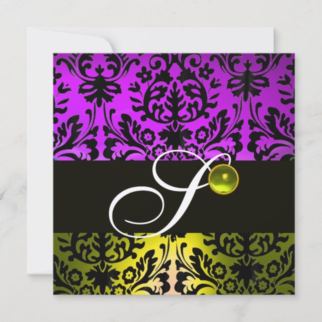 YELLOW PURPLE BLACK DAMASK MONOGRAM TOPAZ Gold Invitation (Front)