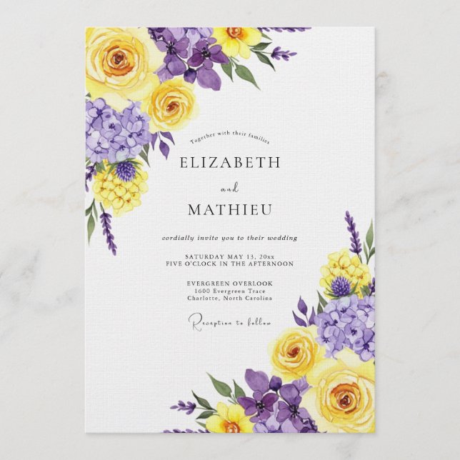 Yellow Purple Bloom Romance Wedding Invitation (Front)