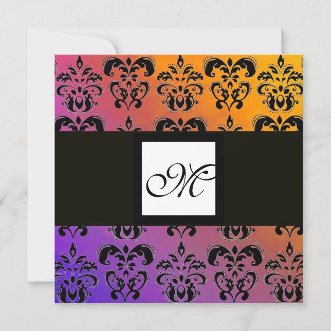 YELLOW PURPLE BLUE BLACK SQUARE DAMASK MONOGRAM INVITATION (Front)