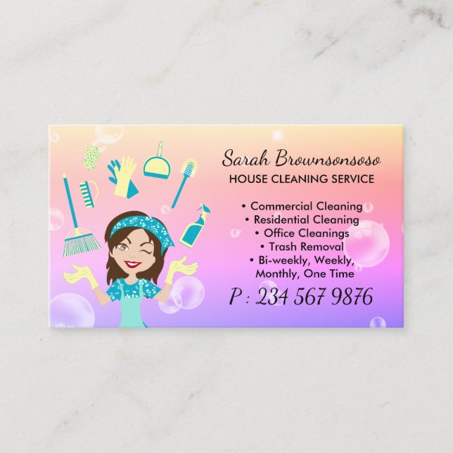 Yellow Purple Cartoon Maid House Cleaning Service Business Card (Front)