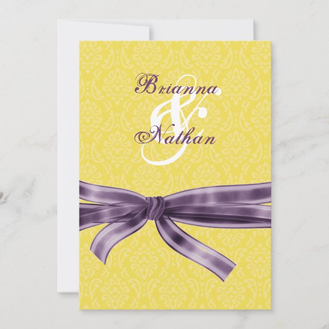 Yellow & Purple Damask & Bow Wedding Invitation (Front)