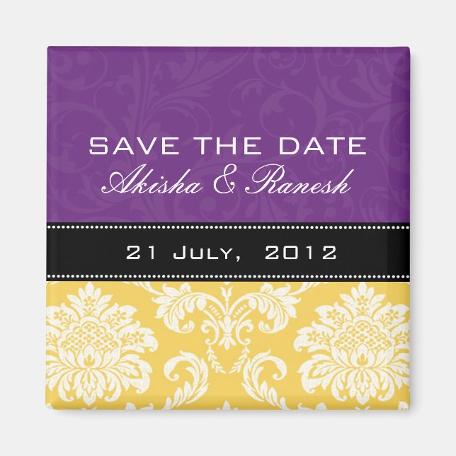 Yellow Purple Damask Save the Date Magnet (Front)