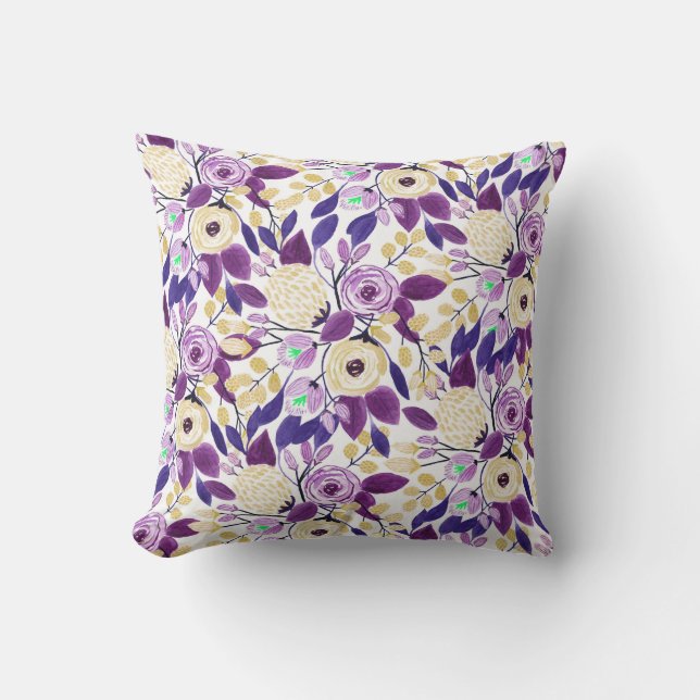 Yellow Purple Floral Bouquet Watercolor Pattern Cushion (Front)