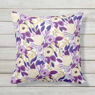 Yellow Purple Floral Bouquet Watercolor Pattern Cushion