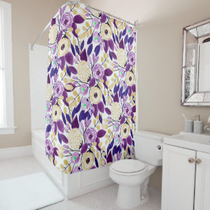 Yellow Purple Floral Bouquet Watercolor Pattern Shower Curtain