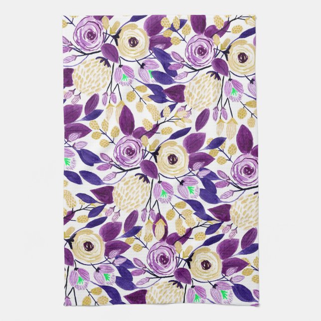 Yellow Purple Floral Bouquet Watercolor Pattern Tea Towel (Vertical)