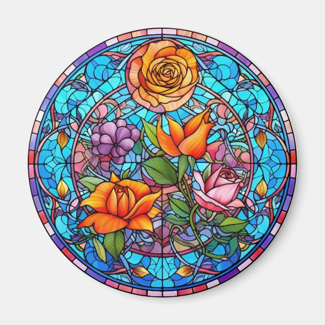 Yellow & Purple Floral Faux Stained-Glass Magnet (Front)