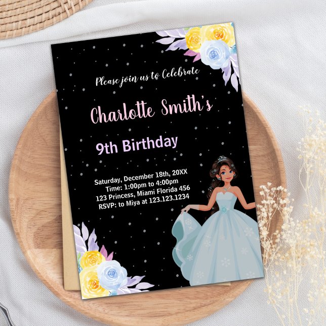Yellow Purple Floral Princess Birthday Invitations (Yellow Purple Floral Princess Birthday Invitations)