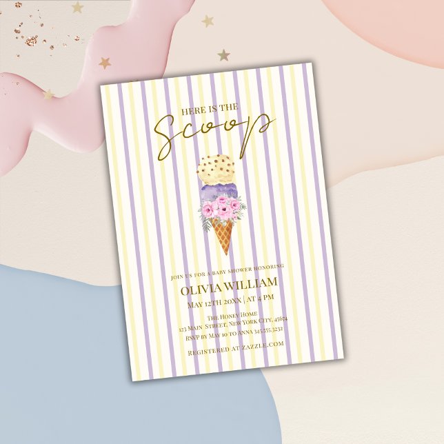 Yellow Purple Floral Scoop Ice Cream Baby Shower Invitation (Yellow Purple Floral Scoop Ice Cream Baby Shower Invitation)