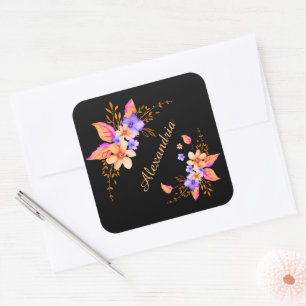 Yellow Purple Flowers Abstract Watercolor Pattern Square Sticker