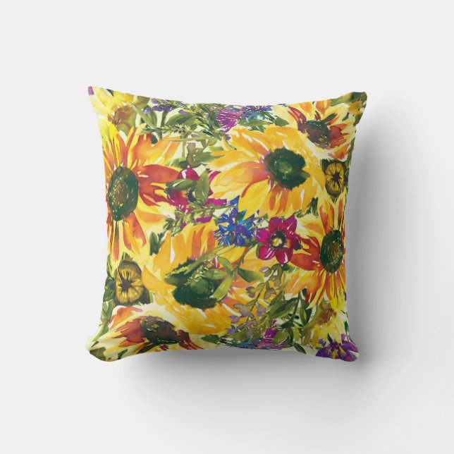 Yellow Purple Flowers Boho Watercolor Cushion (Front)