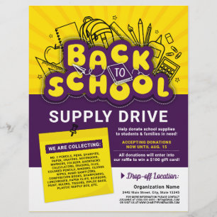 Yellow & Purple Fun Back To School Supply Drive Ad Flyer