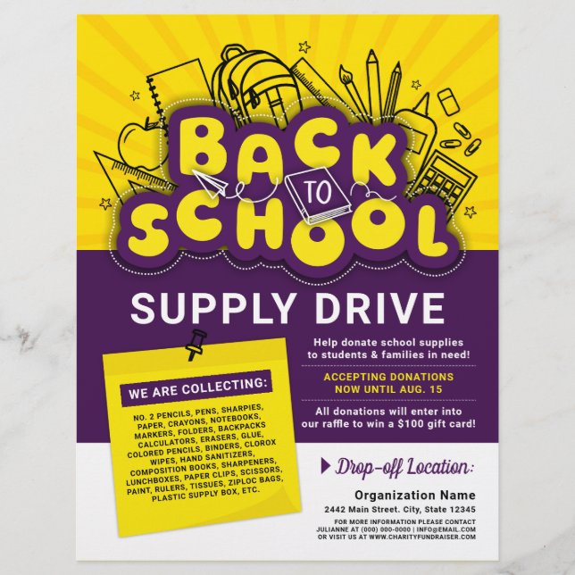 Yellow & Purple Fun Back To School Supply Drive Ad Flyer (Front)