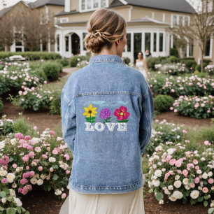 Yellow Purple Fushia Flowers Love Denim Jacket