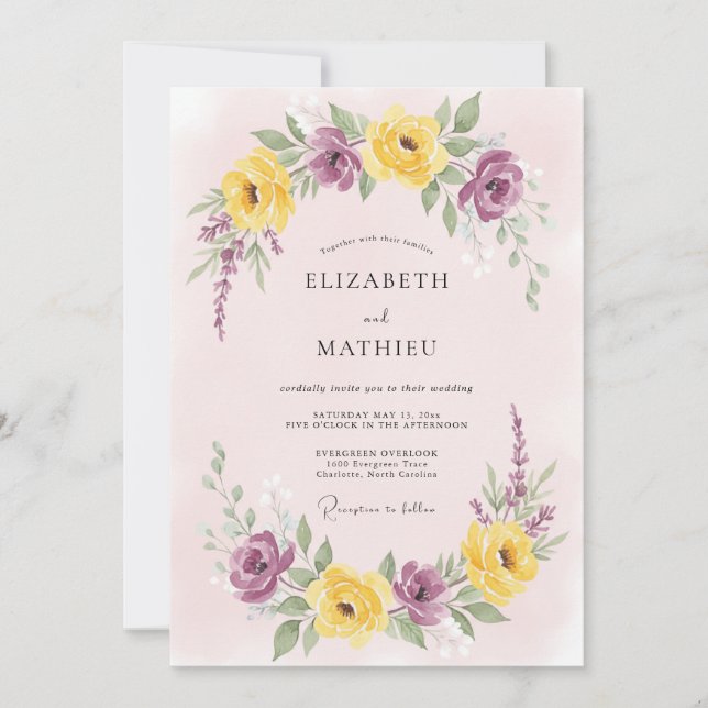 Yellow Purple Gleaming Spring Wedding Invitation (Front)