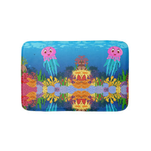 Yellow Purple Green Coral Reed and Pink Jellyfish Bath Mat