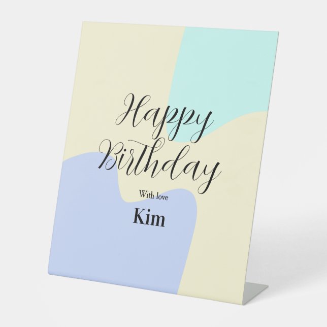 Yellow purple green happy birthday abstract pastel pedestal sign (Front)