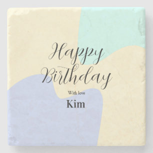 Yellow purple green happy birthday abstract pastel stone coaster
