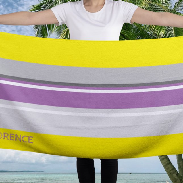 Yellow purple grey stripes  - personalised beach towel (Creator Uploaded)