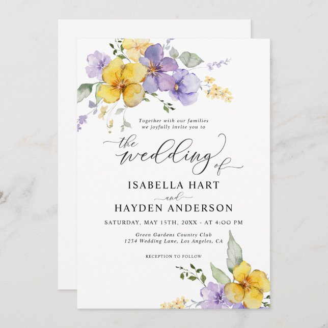 Yellow Purple Lavender Boho Rustic Floral Wedding Invitation (Front/Back)