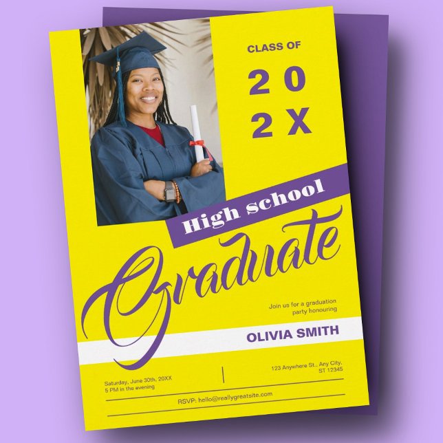 Yellow & Purple Modern Photo Graduation Party Invitation (Creator Uploaded)