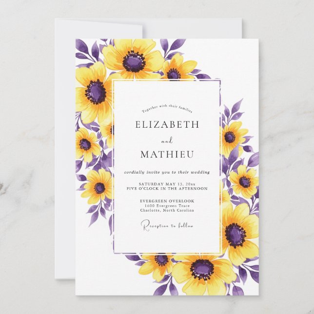 Yellow Purple Painterly Blossom Wedding Invitation (Front)