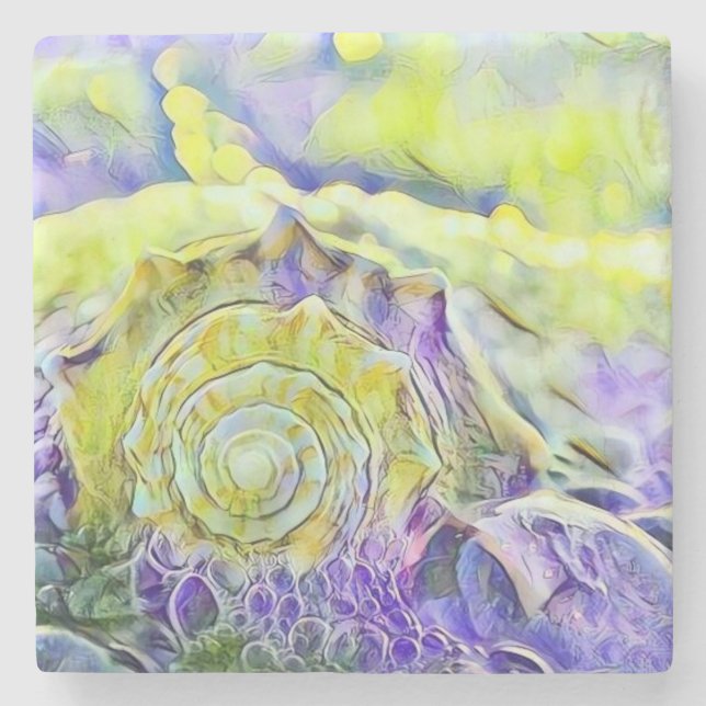 Yellow purple seashell in foaming sea watercolor  stone coaster (Front)